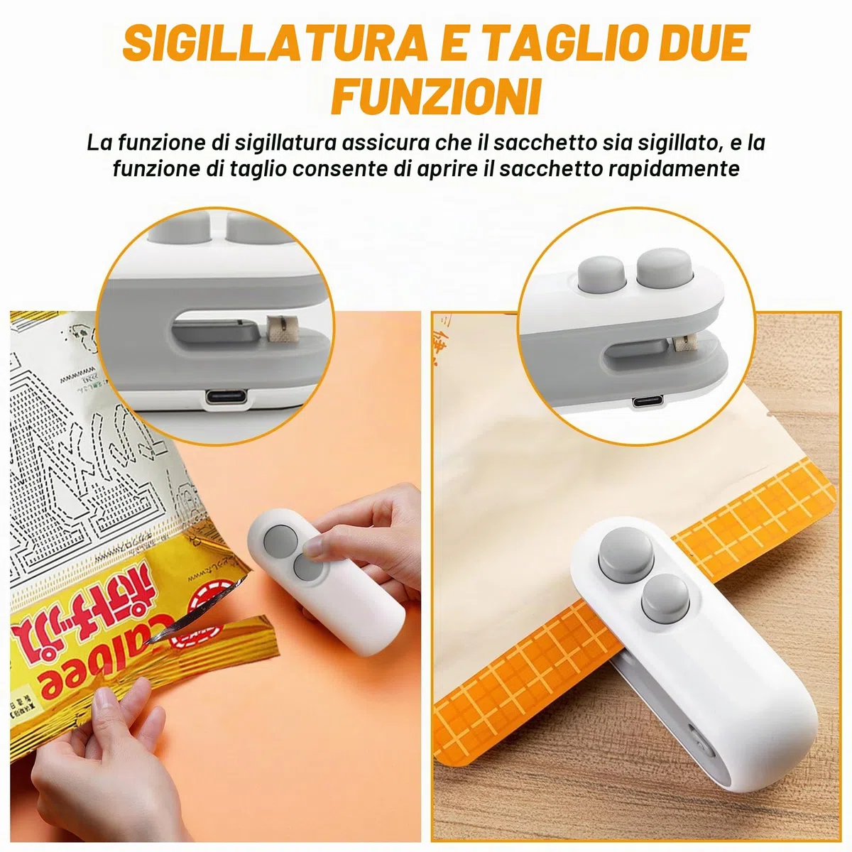 Sporgo 2 pezzi Mini sigillatrice a vuoto: Ricaricabile 2 in 1 sigillante per sacchetti di snack, mini sigillatrice con taglierina, macchina di sigillatura manuale per sacchetti di plastica, sacchetti